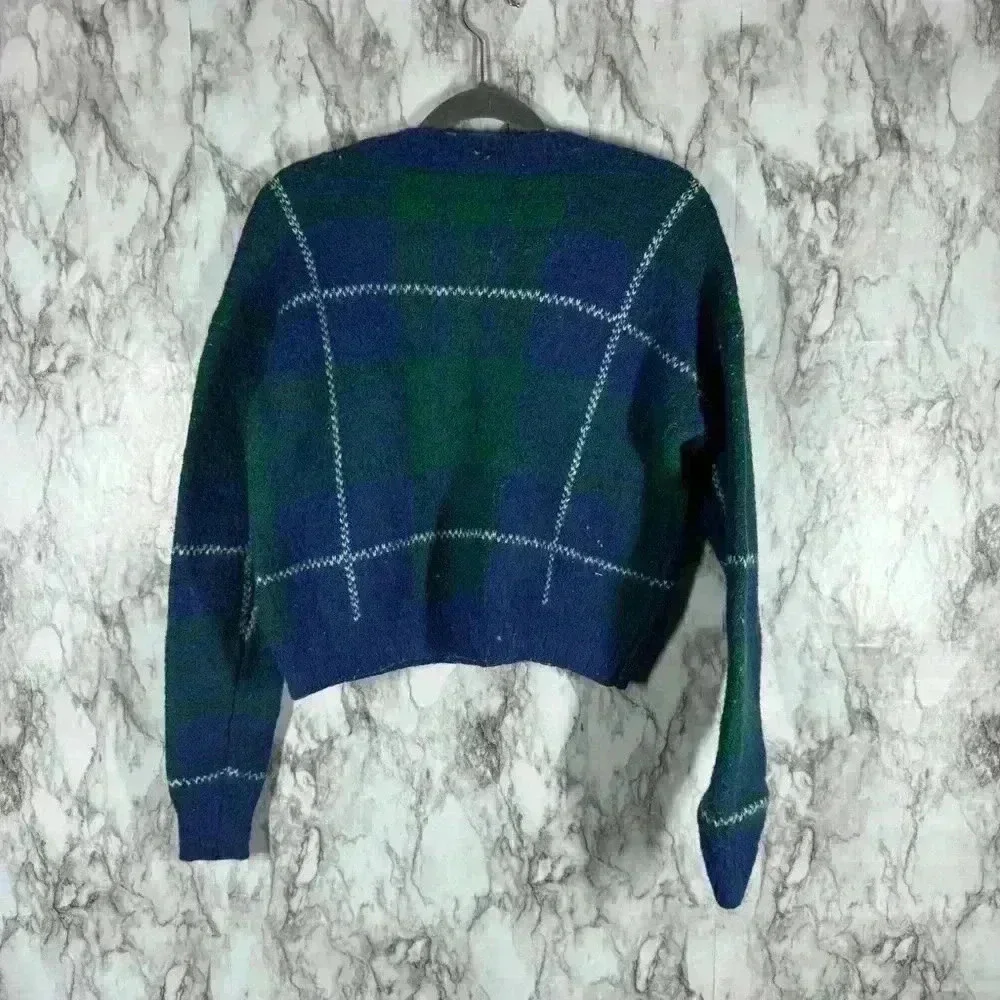 SO Women's Crew Neck Long Sleeve Plaid Faux Fur Pullover Sweater Green/Blue M